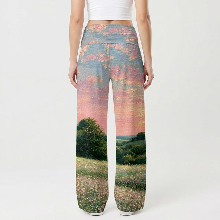 Christianartworkshop Jesus Walking With Child Pastel Sunset Country Wildflower Oil Painting Print High Waist Stretch Women’s Wide Leg Pants - image 2