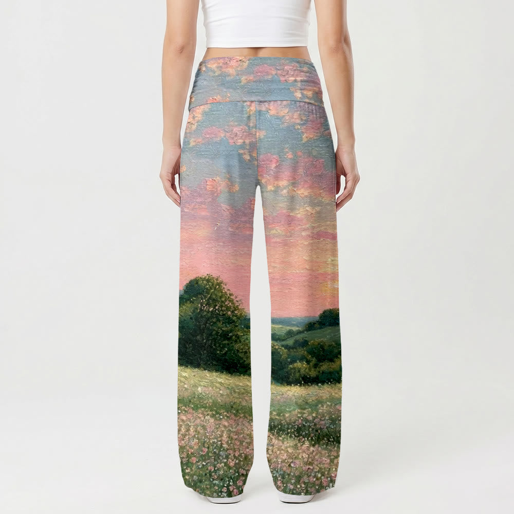 Christianartworkshop Jesus Walking With Child Pastel Sunset Country Wildflower Oil Painting Print High Waist Stretch Women’s Wide Leg Pants - image 2