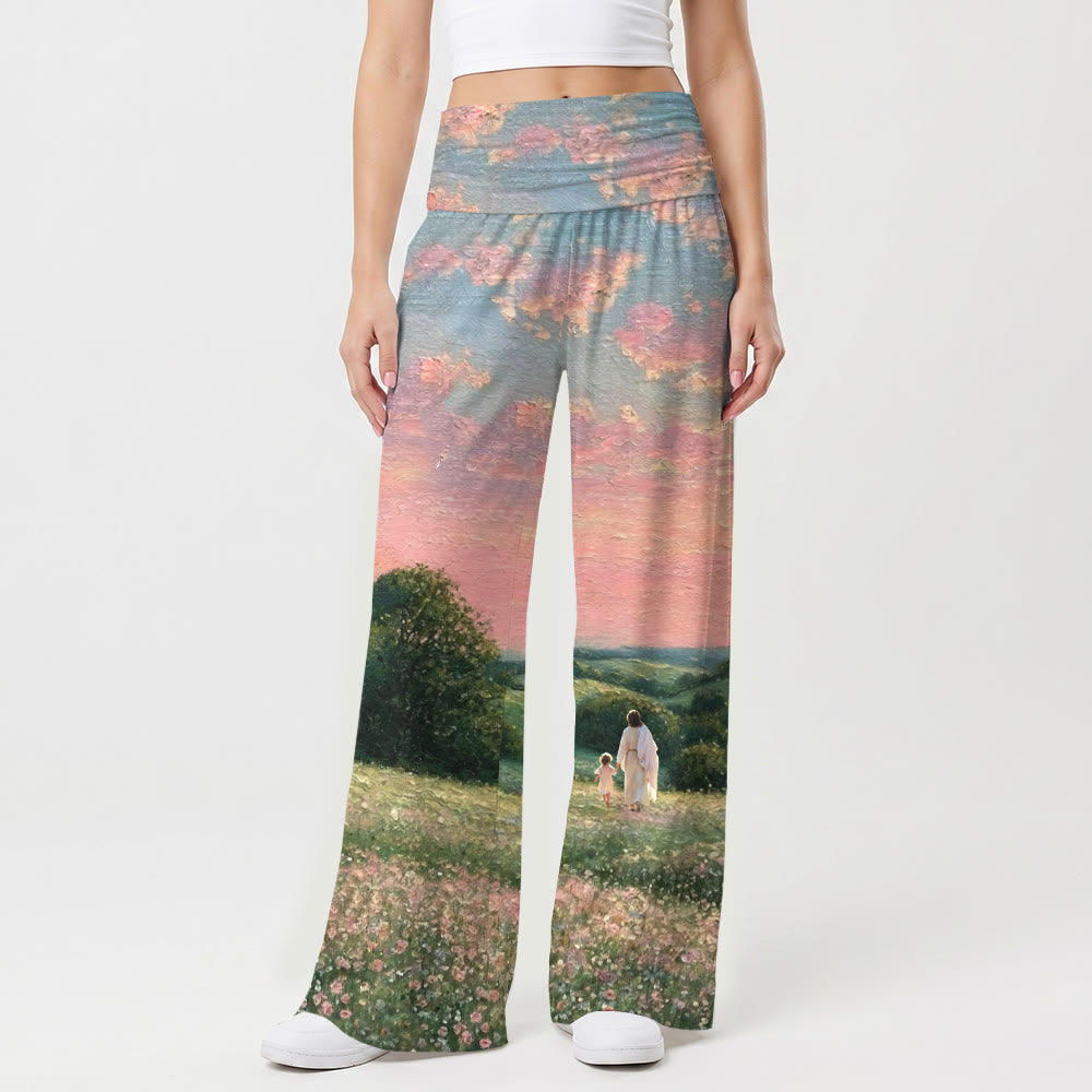 Christianartworkshop Jesus Walking With Child Pastel Sunset Country Wildflower Oil Painting Print High Waist Stretch Women’s Wide Leg Pants - image 1