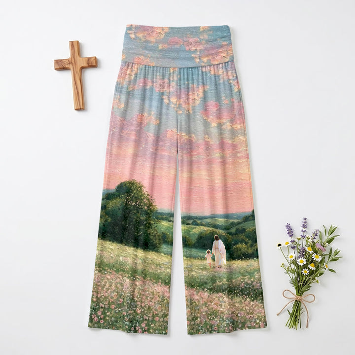 Christianartworkshop Jesus Walking With Child Pastel Sunset Country Wildflower Oil Painting Print High Waist Stretch Women’s Wide Leg Pants - 6XL - image 0