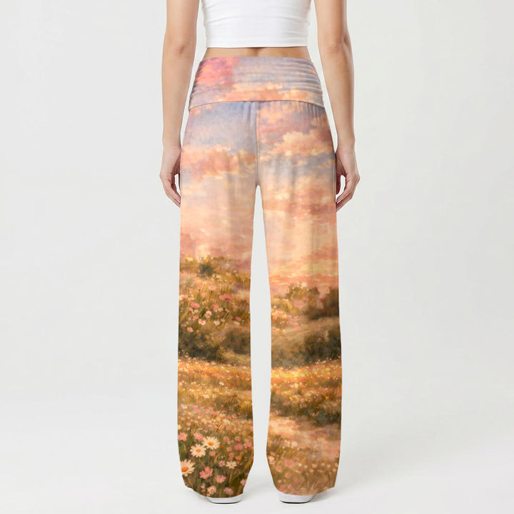 Christianartworkshop Jesus And Lamb Pastel Sunset Wildflower Hills Impression Oil Print High Waist Stretch Women’s Wide Leg Pants - image 2