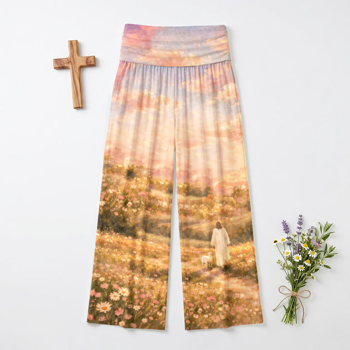 Christianartworkshop Jesus And Lamb Pastel Sunset Wildflower Hills Impression Oil Print High Waist Stretch Women’s Wide Leg Pants - 6XL - image 0