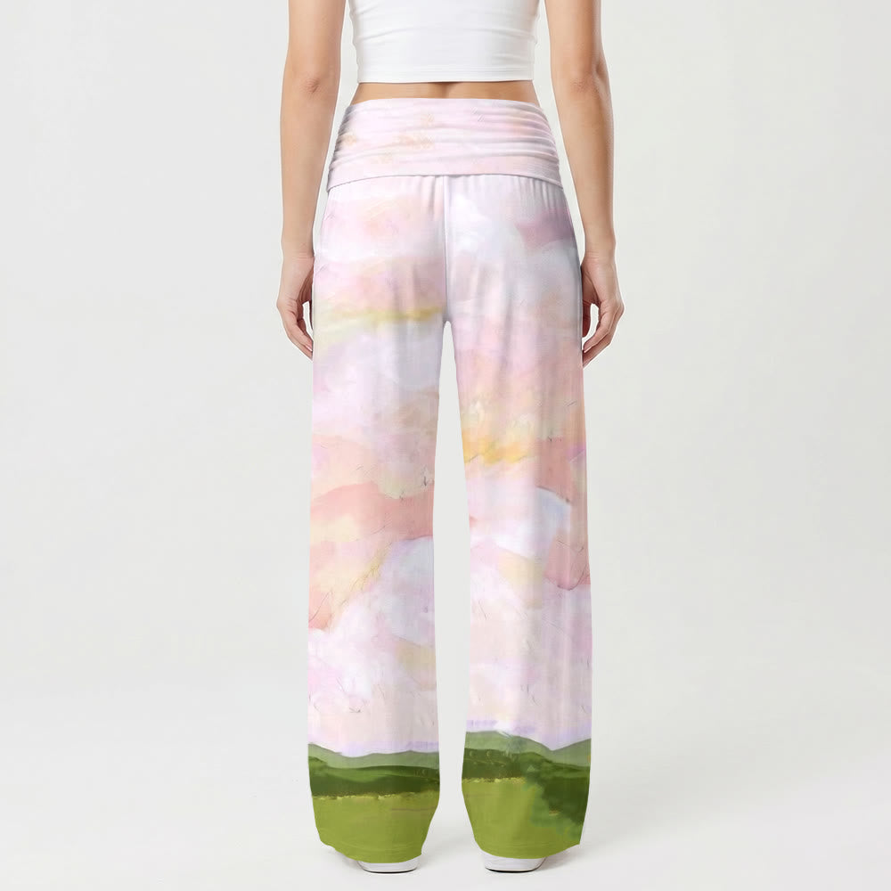 Christianartworkshop Jesus Warm Embrace Soft Pastel Sky Green Hills Oil Painting Print High Waist Stretch Women’s Wide Leg Pants - image 2