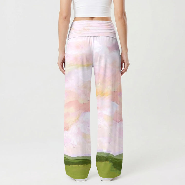 Christianartworkshop Jesus Warm Embrace Soft Pastel Sky Green Hills Oil Painting Print High Waist Stretch Women’s Wide Leg Pants - image 2