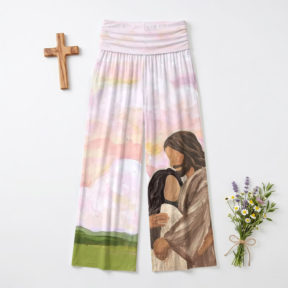 Christianartworkshop Jesus Warm Embrace Soft Pastel Sky Green Hills Oil Painting Print High Waist Stretch Women’s Wide Leg Pants - 6XL - image 0