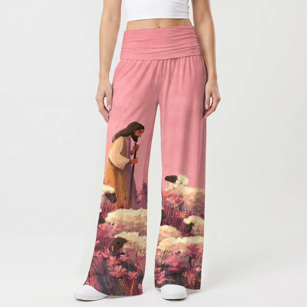 Christianartworkshop Fold Over Elastic High Waist Pastoral Shepherd Jesus Floral Field Cartoon Art Casual Faith Women’s Wide Leg Pants - image 1
