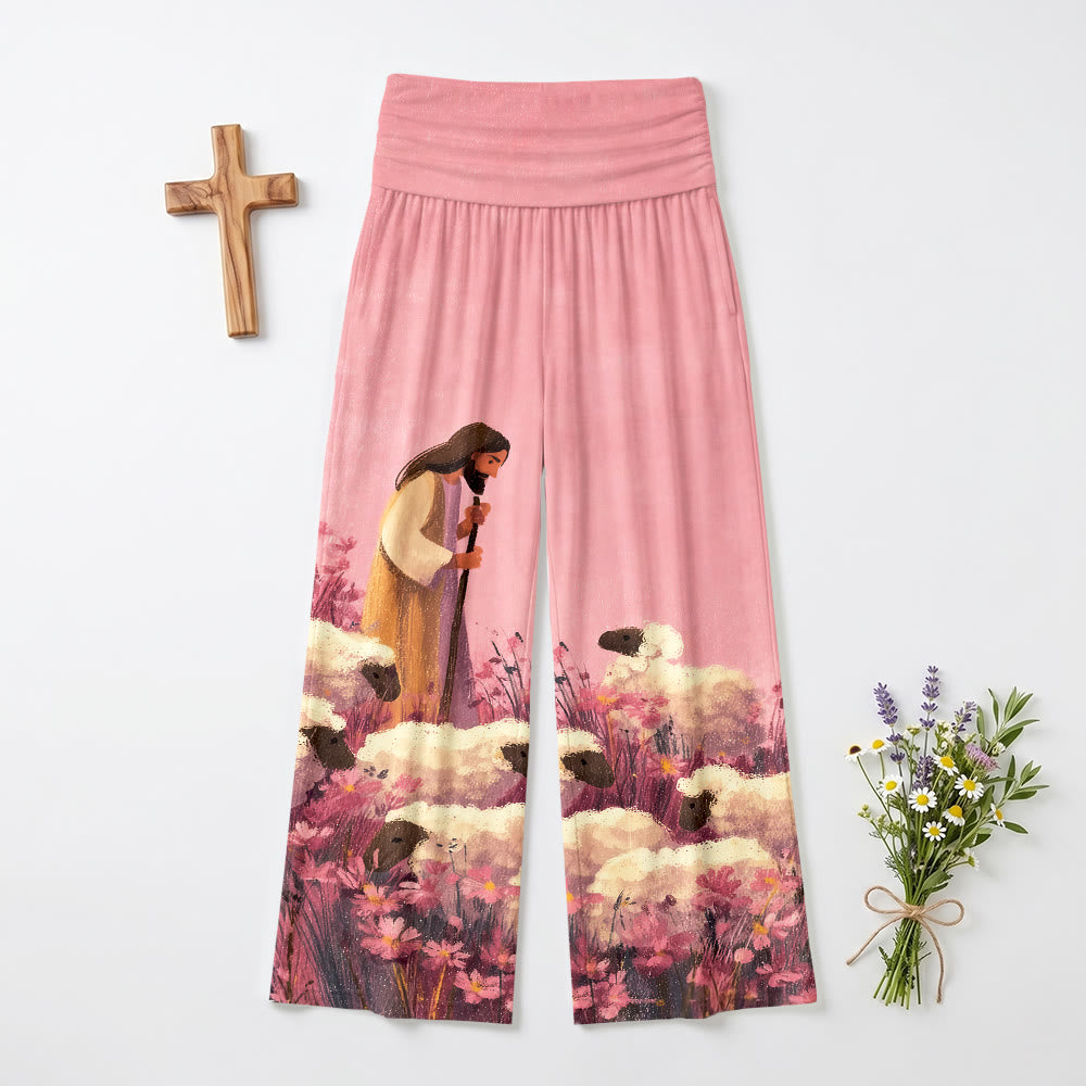 Christianartworkshop Fold Over Elastic High Waist Pastoral Shepherd Jesus Floral Field Cartoon Art Casual Faith Women’s Wide Leg Pants - 6XL - image 0