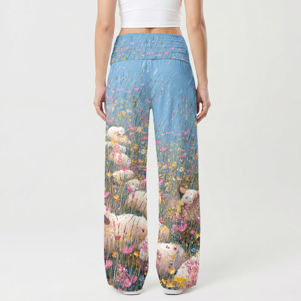 Christianartworkshop Good Shepherd Jesus Multicolor Wildflower Light Blue Sky Cartoon Oil Print High Waist Stretch Women’s Wide Leg Pants - image 2
