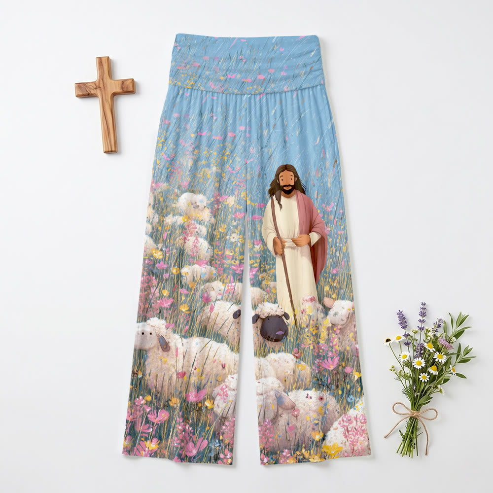 Christianartworkshop Good Shepherd Jesus Multicolor Wildflower Light Blue Sky Cartoon Oil Print High Waist Stretch Women’s Wide Leg Pants - 6XL - image 0