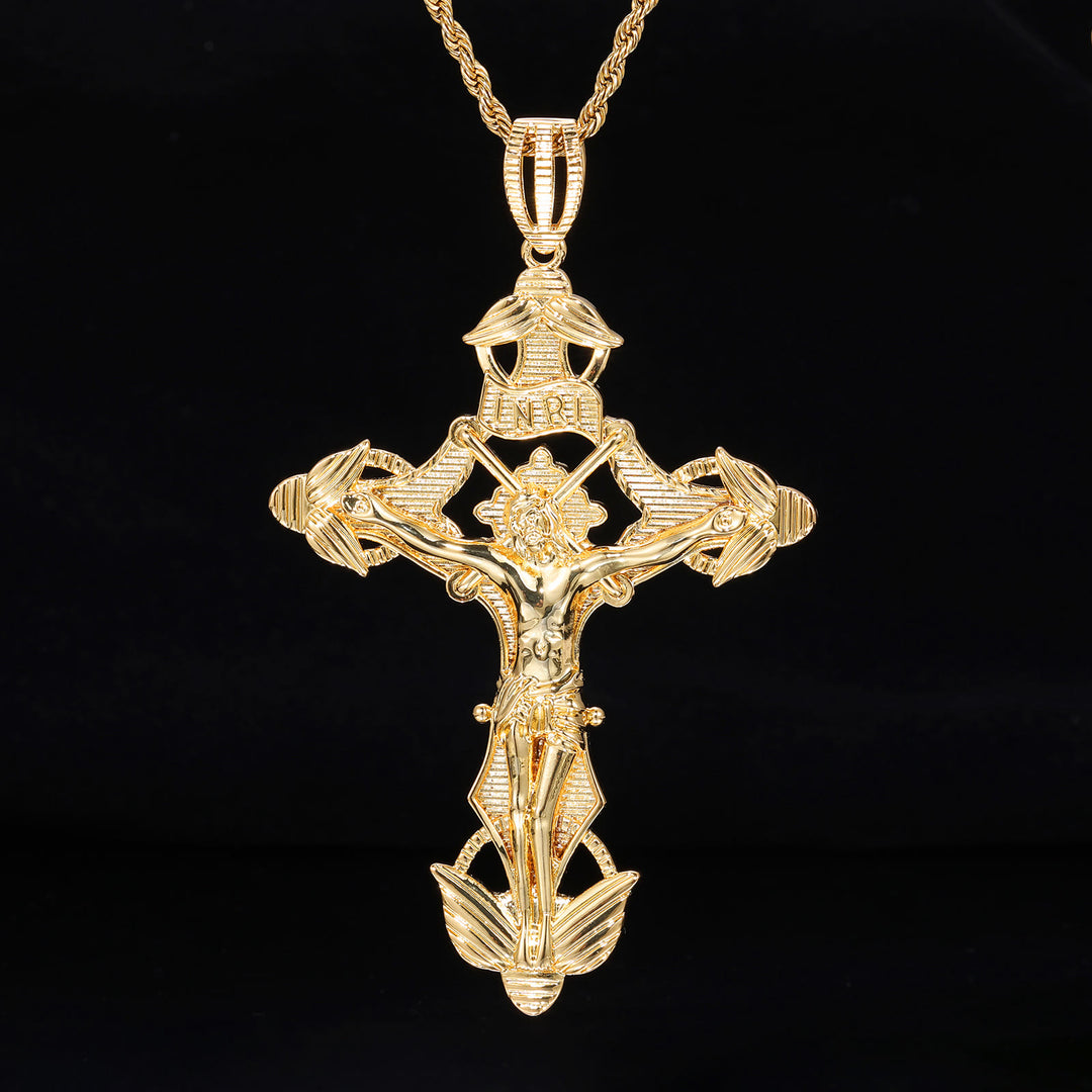 Christianartworkshop Detailed Carved Winged Crucifix Rope Chain Necklace: Graceful Token of Gentle Heavenly Mercy - Golden - image 0