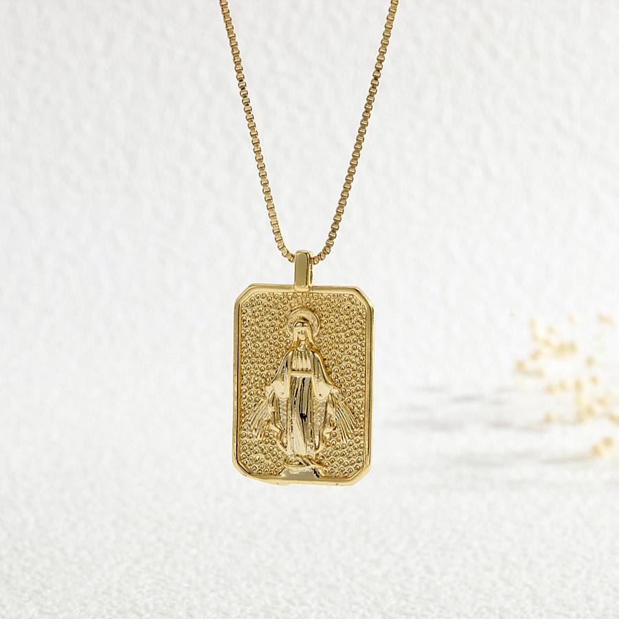 Christianartworkshop Textured Rectangle Medal Our Lady Crucifix Box Chain Necklace: Timeless Emblem of Merciful Sacred Devotion - Virgin Mary - image 2