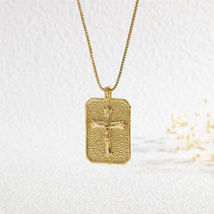 Christianartworkshop Textured Rectangle Medal Our Lady Crucifix Box Chain Necklace: Timeless Emblem of Merciful Sacred Devotion - Crucifix - image 5