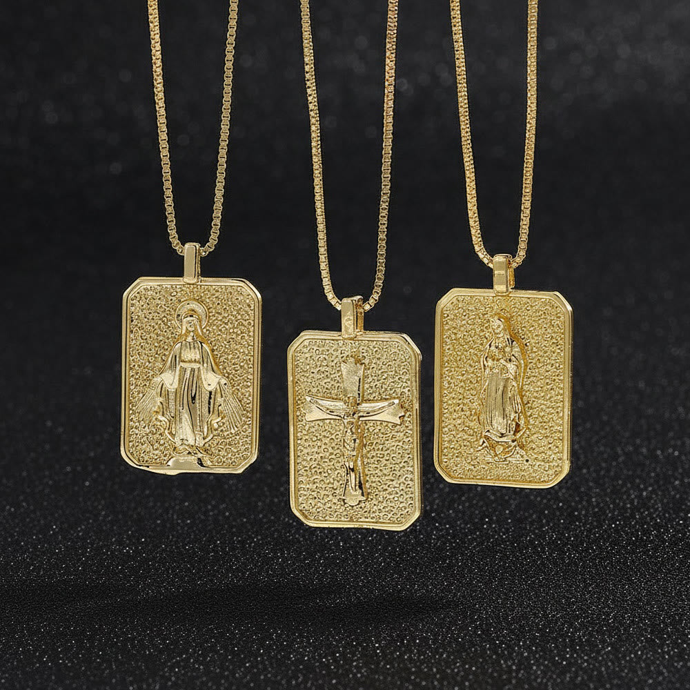 Christianartworkshop Textured Rectangle Medal Our Lady Crucifix Box Chain Necklace: Timeless Emblem of Merciful Sacred Devotion - image 0