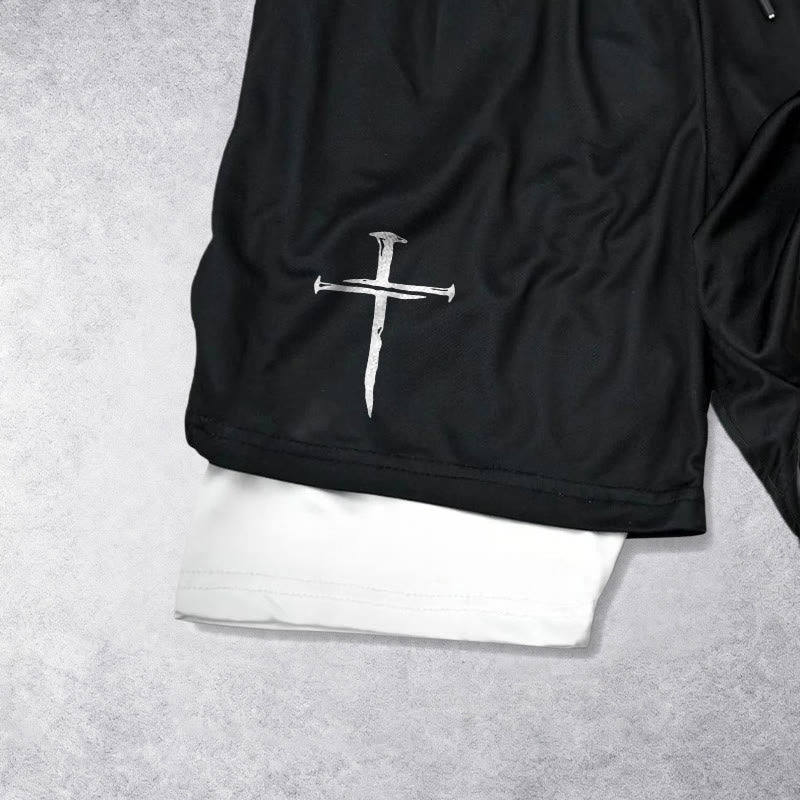 Christianartworkshop Nail Cross Minimal Sketch Double Layer Drawstring Athletic Faith  Shorts - image 3