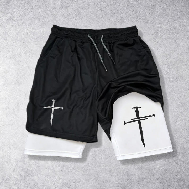 Christianartworkshop Nail Cross Minimal Sketch Double Layer Drawstring Athletic Faith  Shorts - White - 3XL - image 0