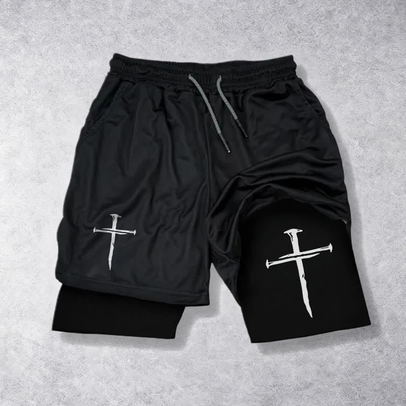 Christianartworkshop Nail Cross Minimal Sketch Double Layer Drawstring Athletic Faith  Shorts - Black - 3XL - image 9
