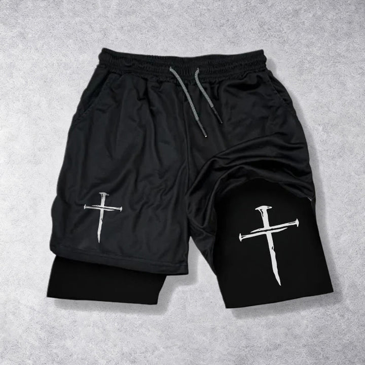 Christianartworkshop Nail Cross Minimal Sketch Double Layer Drawstring Athletic Faith  Shorts - Black - 3XL - image 9