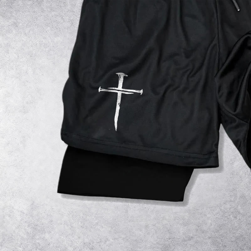 Christianartworkshop Nail Cross Minimal Sketch Double Layer Drawstring Athletic Faith  Shorts - image 11