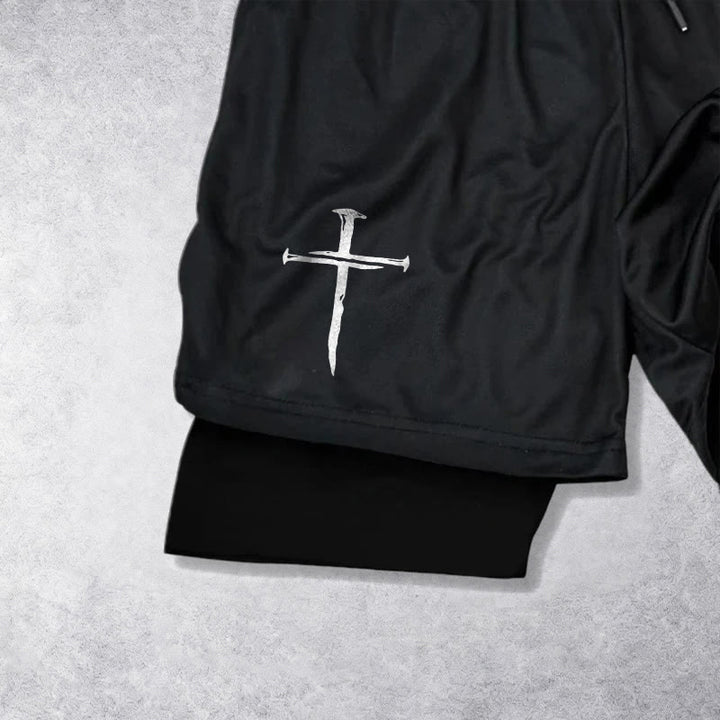 Christianartworkshop Nail Cross Minimal Sketch Double Layer Drawstring Athletic Faith  Shorts - image 11