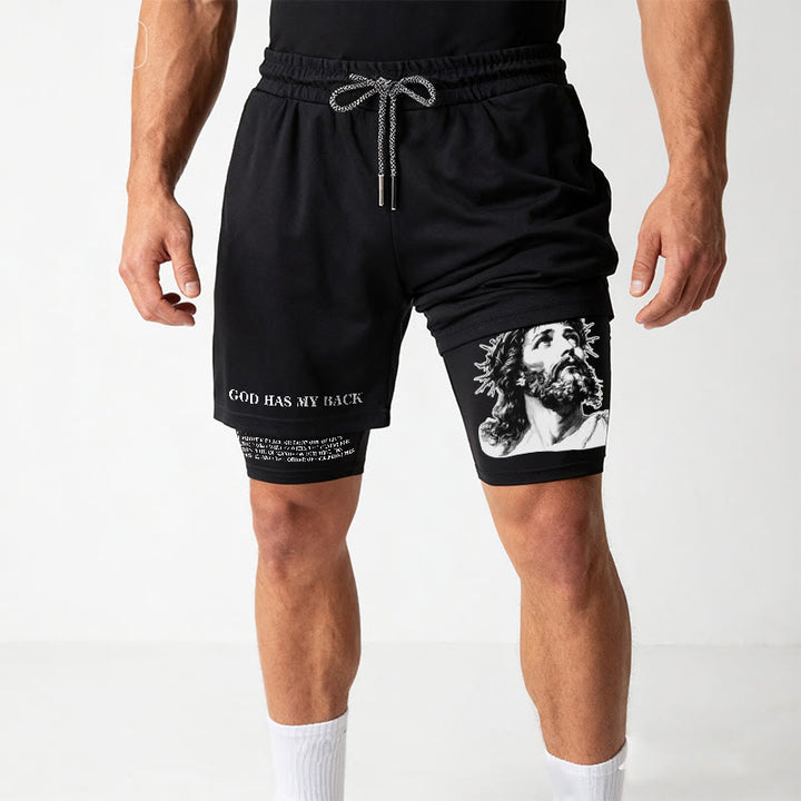 Christianartworkshop God Has My Back Crown Of Thorns Jesus Sketch Dual Print Drawstring Layered Faith Shorts - image 17