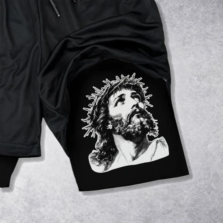 Christianartworkshop God Has My Back Crown Of Thorns Jesus Sketch Dual Print Drawstring Layered Faith Shorts - image 12