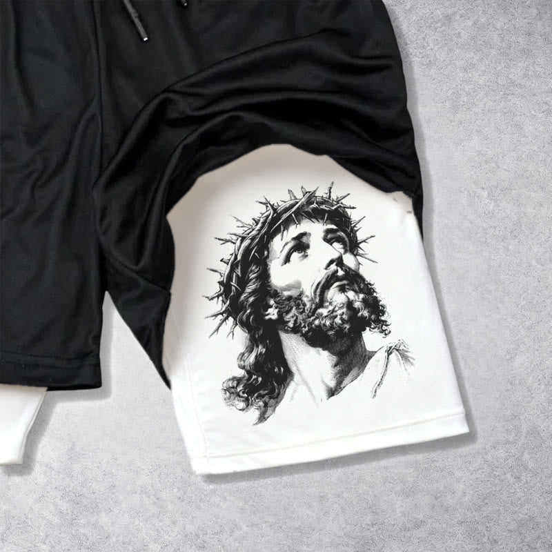 Christianartworkshop God Has My Back Crown Of Thorns Jesus Sketch Dual Print Drawstring Layered Faith Shorts - image 3