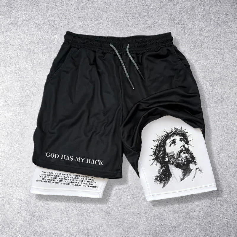 Christianartworkshop God Has My Back Crown Of Thorns Jesus Sketch Dual Print Drawstring Layered Faith Shorts - White - 3XL - image 0