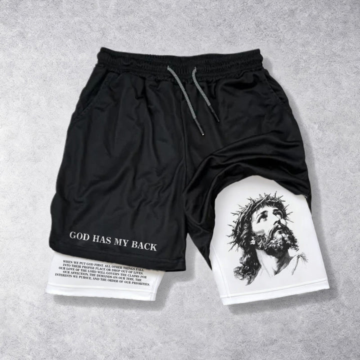 Christianartworkshop God Has My Back Crown Of Thorns Jesus Sketch Dual Print Drawstring Layered Faith Shorts - White - 3XL - image 0