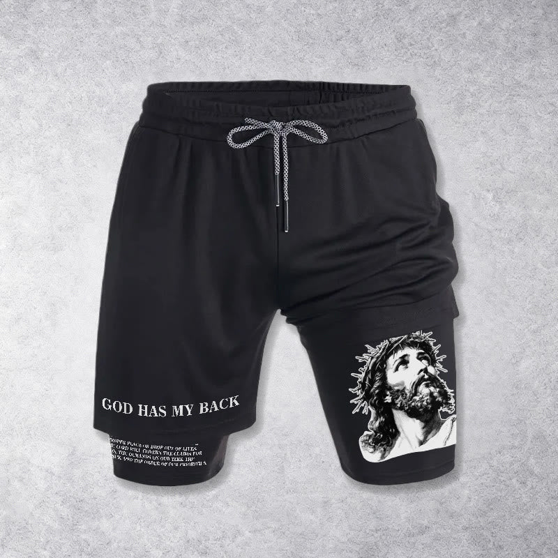 Christianartworkshop God Has My Back Crown Of Thorns Jesus Sketch Dual Print Drawstring Layered Faith Shorts - image 10
