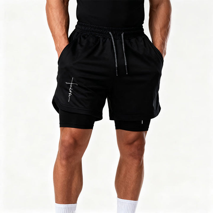 Christianartworkshop Cursive Faith Cross Integrated Script Dual Layer Drawstring Athletic Shorts - image 17