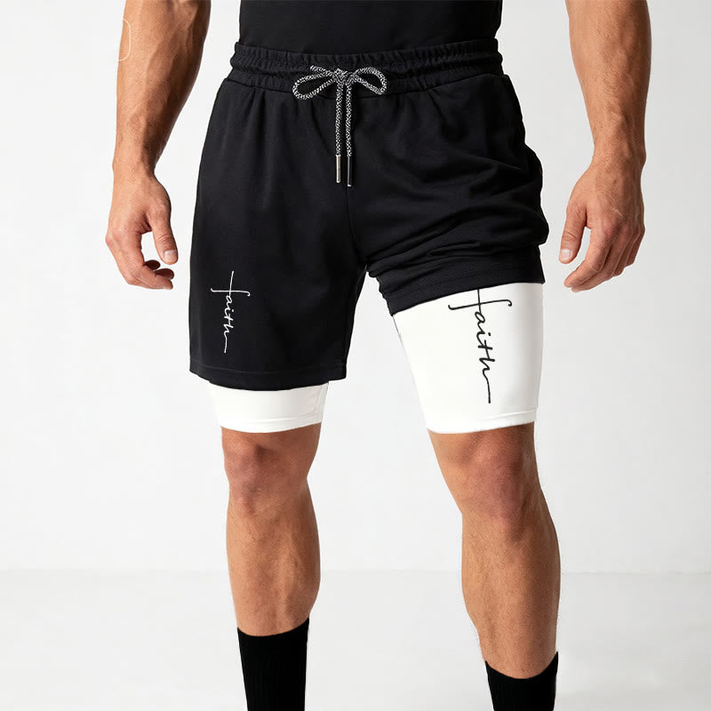 Christianartworkshop Cursive Faith Cross Integrated Script Dual Layer Drawstring Athletic Shorts - image 8