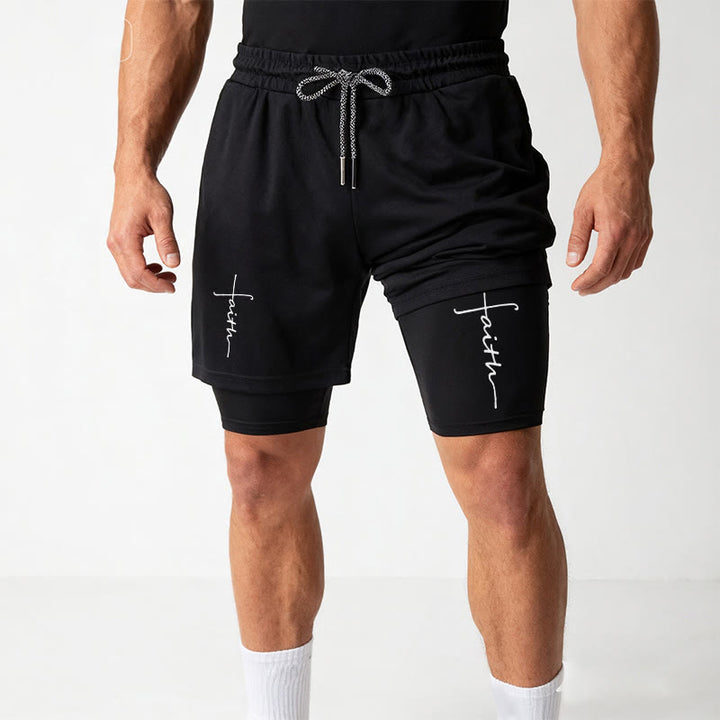 Christianartworkshop Cursive Faith Cross Integrated Script Dual Layer Drawstring Athletic Shorts - image 15