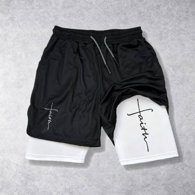 Christianartworkshop Cursive Faith Cross Integrated Script Dual Layer Drawstring Athletic Shorts - White - 3XL - image 0
