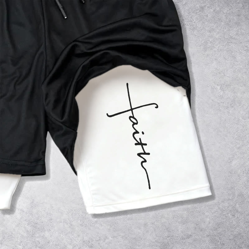 Christianartworkshop Cursive Faith Cross Integrated Script Dual Layer Drawstring Athletic Shorts - image 3
