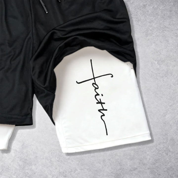Christianartworkshop Cursive Faith Cross Integrated Script Dual Layer Drawstring Athletic Shorts - image 3