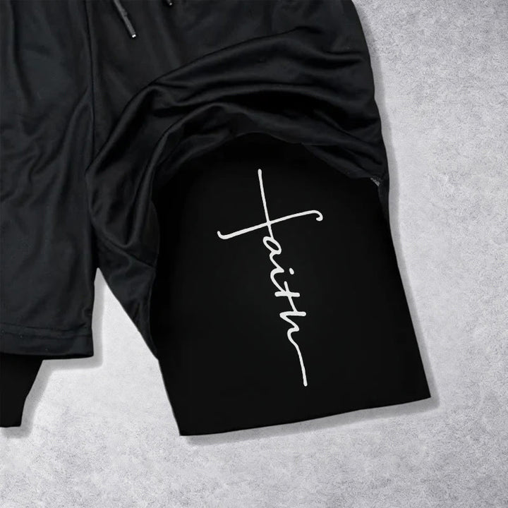 Christianartworkshop Cursive Faith Cross Integrated Script Dual Layer Drawstring Athletic Shorts - image 12