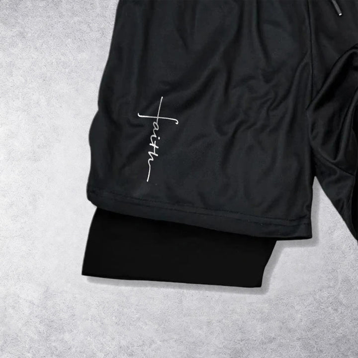 Christianartworkshop Cursive Faith Cross Integrated Script Dual Layer Drawstring Athletic Shorts - image 11
