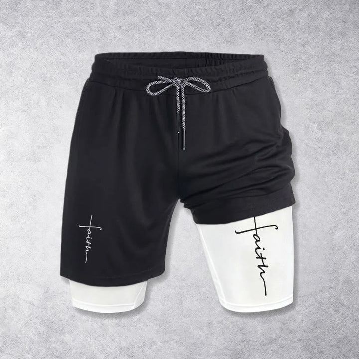 Christianartworkshop Cursive Faith Cross Integrated Script Dual Layer Drawstring Athletic Shorts - image 1