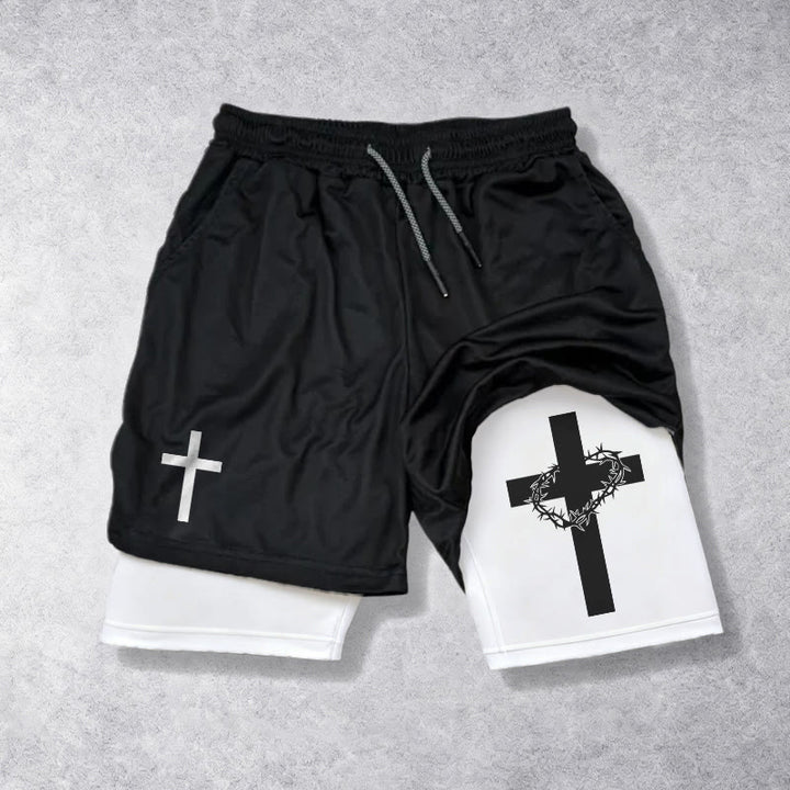 Christianartworkshop Two-Tier Layered Athletic Shorts Dual Different Cross Symbol Devotional Shorts - White - 3XL - image 0