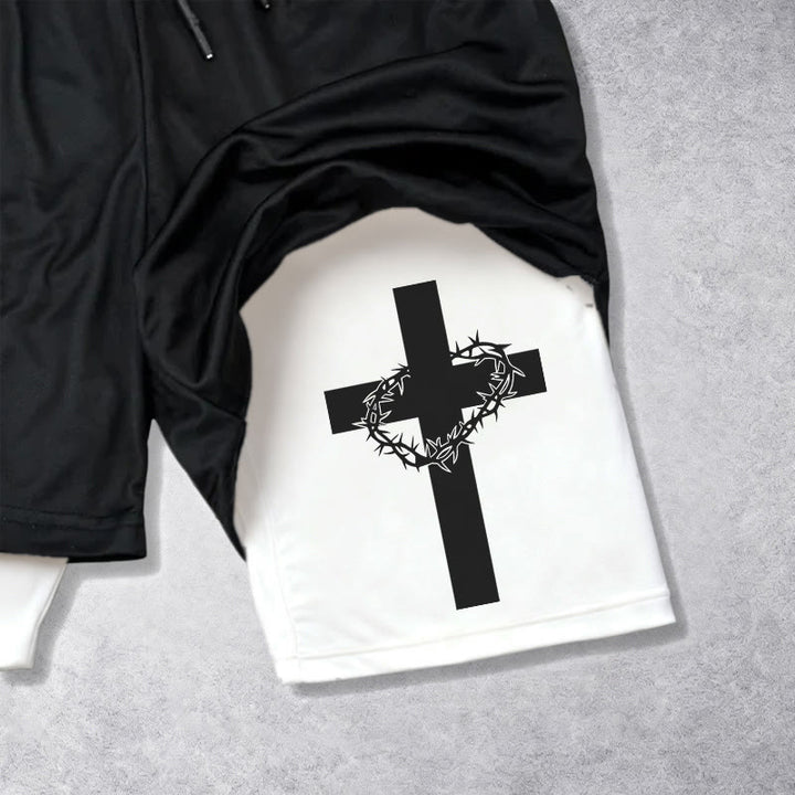 Christianartworkshop Two-Tier Layered Athletic Shorts Dual Different Cross Symbol Devotional Shorts - image 3