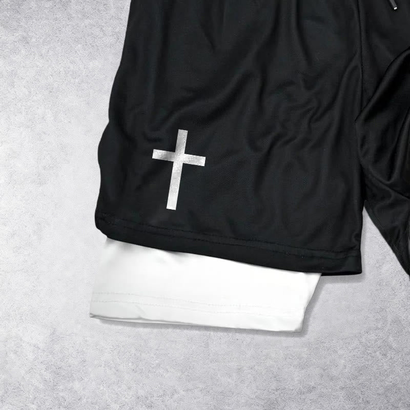 Christianartworkshop Two-Tier Layered Athletic Shorts Dual Different Cross Symbol Devotional Shorts - image 2