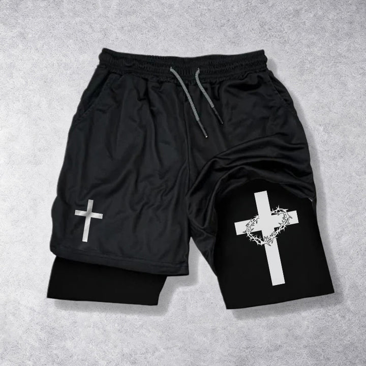 Christianartworkshop Two-Tier Layered Athletic Shorts Dual Different Cross Symbol Devotional Shorts - Black - 3XL - image 9