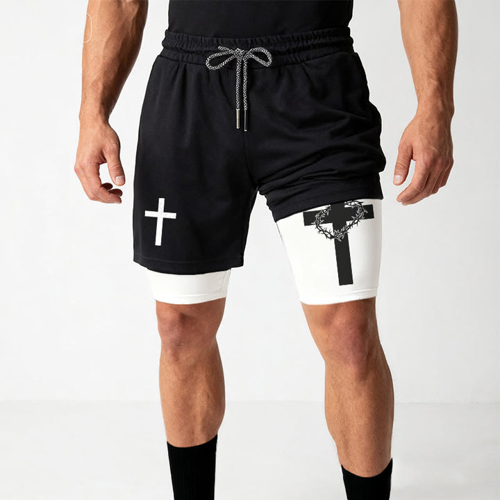Christianartworkshop Two-Tier Layered Athletic Shorts Dual Different Cross Symbol Devotional Shorts - image 8