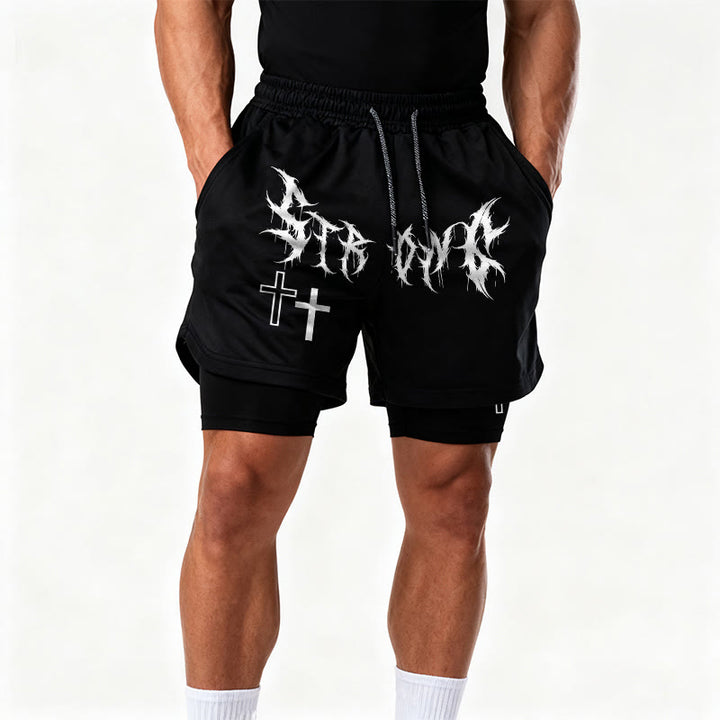 Christianartworkshop Strong Sharp Gothic Font Double Cross Matching Dual Print Drawstring Faith Shorts - image 15