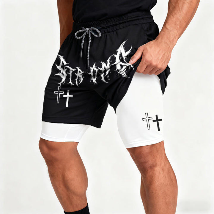 Christianartworkshop Strong Sharp Gothic Font Double Cross Matching Dual Print Drawstring Faith Shorts - image 7