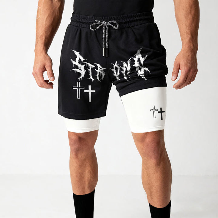Christianartworkshop Strong Sharp Gothic Font Double Cross Matching Dual Print Drawstring Faith Shorts - image 6