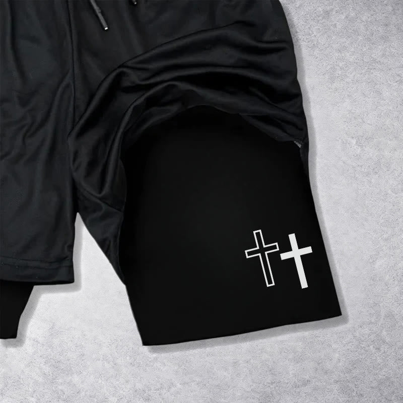 Christianartworkshop Strong Sharp Gothic Font Double Cross Matching Dual Print Drawstring Faith Shorts - image 12