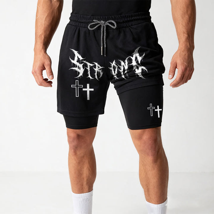 Christianartworkshop Strong Sharp Gothic Font Double Cross Matching Dual Print Drawstring Faith Shorts - image 17
