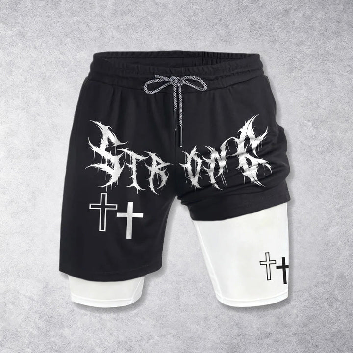 Christianartworkshop Strong Sharp Gothic Font Double Cross Matching Dual Print Drawstring Faith Shorts - image 1