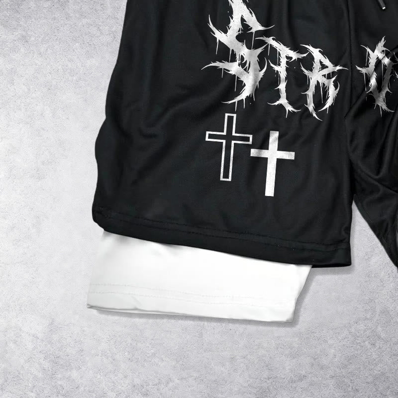 Christianartworkshop Strong Sharp Gothic Font Double Cross Matching Dual Print Drawstring Faith Shorts - image 2